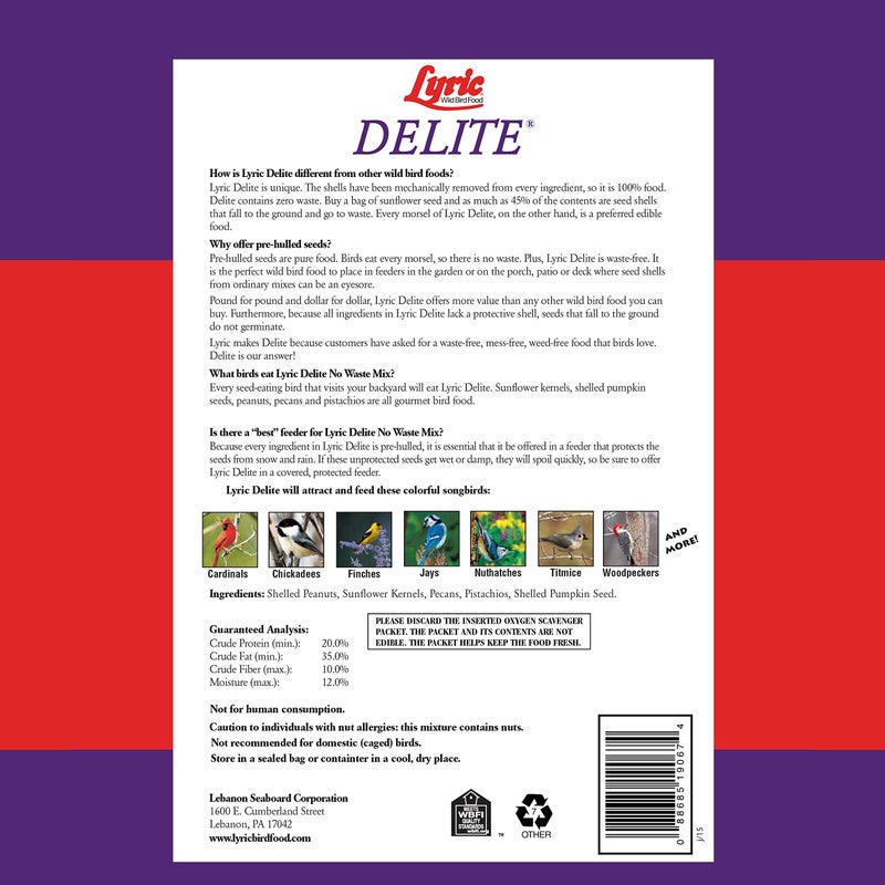 Lyric Delite Wild Bird Seed for Outside Feeders - No Waste Bird Food, Nuts & Seeds Mix, Attracts Buntings, Chickadees & Finches, 10 lb (Pack of 2-5 lb Bags) - Image 4